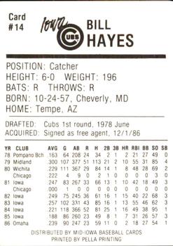 1987 Iowa Cubs #14 Bill Hayes Back