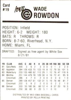 1987 Iowa Cubs #19 Wade Rowdon Back