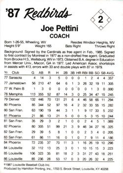 1987 Louisville Redbirds #2 Joe Pettini Back