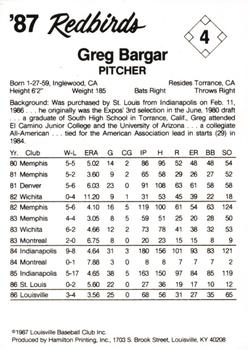 1987 Louisville Redbirds #4 Greg Bargar Back
