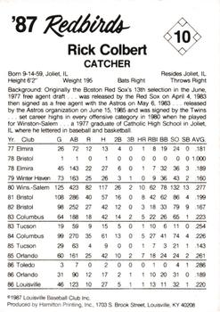 1987 Louisville Redbirds #10 Rick Colbert Back