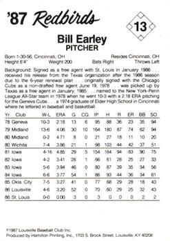 1987 Louisville Redbirds #13 Bill Earley Back