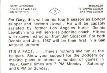 1987 San Antonio Dodgers #3 Jim Stoeckel / Gary LaRocque / Dennis Lewallyn Back
