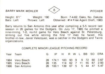 1987 San Antonio Dodgers #8 Barry Wohler Back