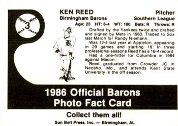 1986 Birmingham Barons #3 Ken Reed Back