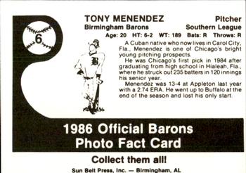 1986 Birmingham Barons #6 Tony Menendez Back