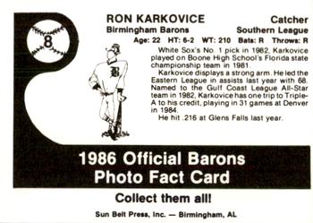 1986 Birmingham Barons #8 Ron Karkovice Back