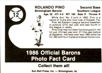 1986 Birmingham Barons #12 Rolando Pino Back