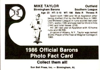 1986 Birmingham Barons #13 Mike Taylor Back