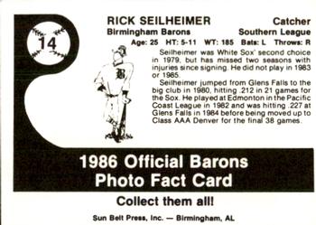 1986 Birmingham Barons #14 Rick Seilheimer Back