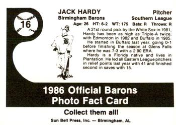 1986 Birmingham Barons #16 Jack Hardy Back