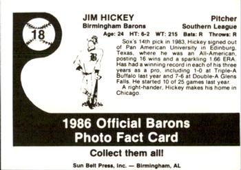 1986 Birmingham Barons #18 Jim Hickey Back