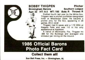 1986 Birmingham Barons #19 Bobby Thigpen Back