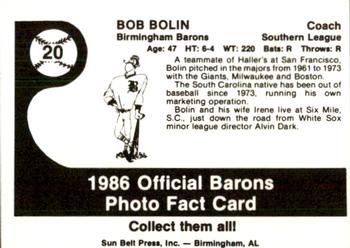 1986 Birmingham Barons #20 Bob Bolin Back