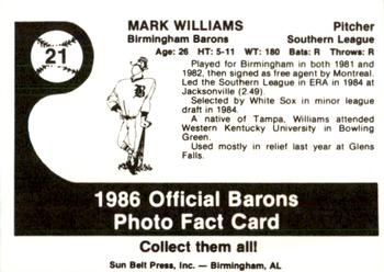 1986 Birmingham Barons #21 Mark Williams Back