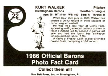 1986 Birmingham Barons #22 Kurt Walker Back
