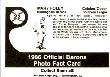 1986 Birmingham Barons #23 Marv Foley Back