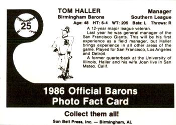 1986 Birmingham Barons #25 Tom Haller Back