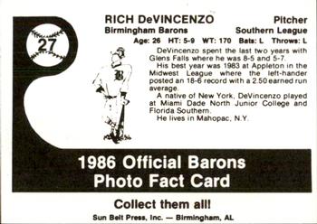 1986 Birmingham Barons #27 Rich DeVincenzo Back