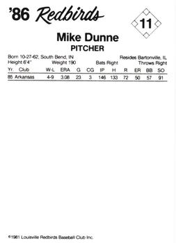 1986 Louisville Redbirds #11 Mike Dunne Back