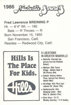 1986 Nashville Sounds #NNO Fred Breining Back