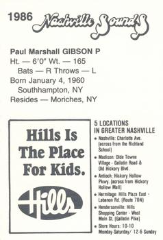 1986 Nashville Sounds #NNO Paul Gibson Back