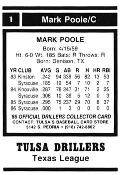 1986 Tulsa Drillers #1 Mark Poole Back