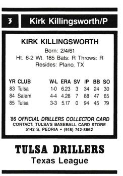 1986 Tulsa Drillers #3 Kirk Killingsworth Back