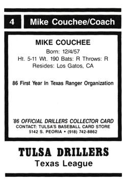 1986 Tulsa Drillers #4 Mike Couchee Back