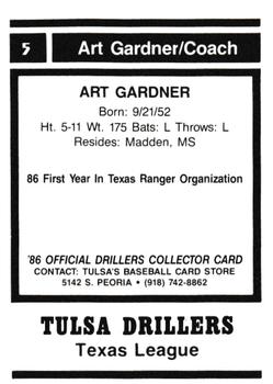 1986 Tulsa Drillers #5 Art Gardner Back