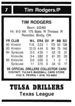 1986 Tulsa Drillers #7 Tim Rodgers Back