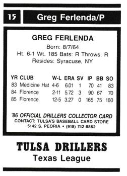 1986 Tulsa Drillers #15 Greg Ferlenda Back