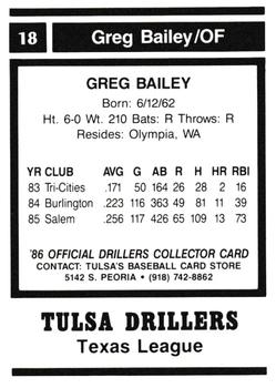 1986 Tulsa Drillers #18 Greg Bailey Back