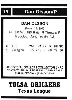 1986 Tulsa Drillers #19 Dan Olsson Back
