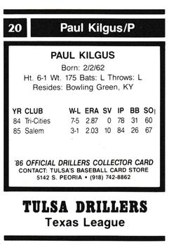 1986 Tulsa Drillers #20 Paul Kilgus Back