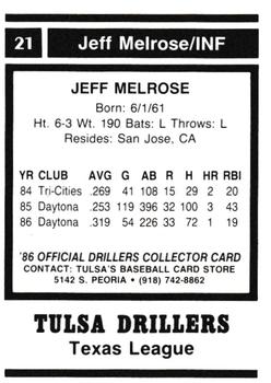 1986 Tulsa Drillers #21 Jeff Melrose Back