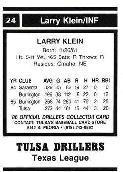 1986 Tulsa Drillers #24 Larry Klein Back