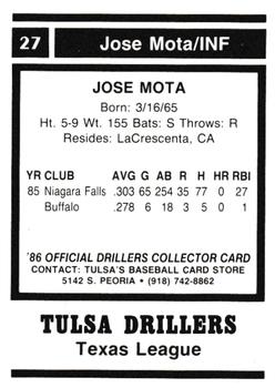 1986 Tulsa Drillers #27 Jose Mota Back