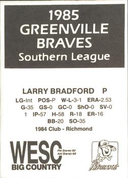 1985 WESC Greenville Braves #NNO Larry Bradford Back