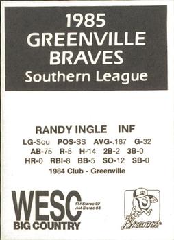 1985 WESC Greenville Braves #NNO Randy Ingle Back