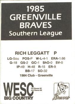 1985 WESC Greenville Braves #NNO Rich Leggatt Back