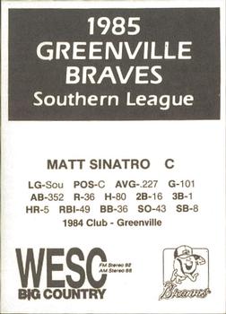 1985 WESC Greenville Braves #NNO Matt Sinatro Back