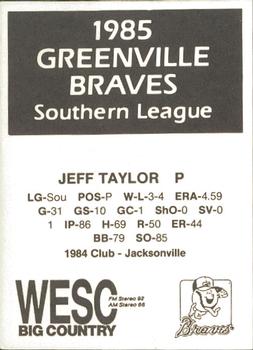 1985 WESC Greenville Braves #NNO Jeff Taylor Back
