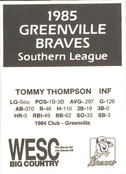 1985 WESC Greenville Braves #NNO Tommy Thompson Back