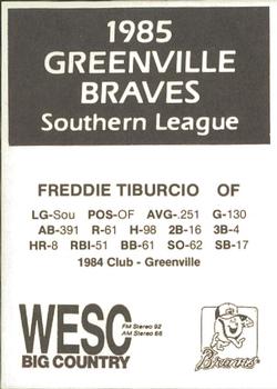 1985 WESC Greenville Braves #NNO Freddie Tiburcio Back