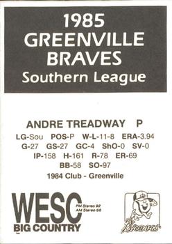 1985 WESC Greenville Braves #NNO Andre Treadway Back