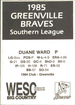 1985 WESC Greenville Braves #NNO Duane Ward Back