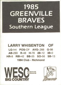1985 WESC Greenville Braves #NNO Larry Whisenton Back
