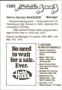 1985 Hills Nashville Sounds #NNO Gordy MacKenzie Back