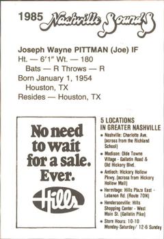 1985 Hills Nashville Sounds #NNO Joe Pittman Back
